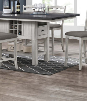 English Elm Antique Counter Height Dining Table 60" with 18" Leaf, Distressed White-Grey Finish, Built-In Wine Storage B011S01887