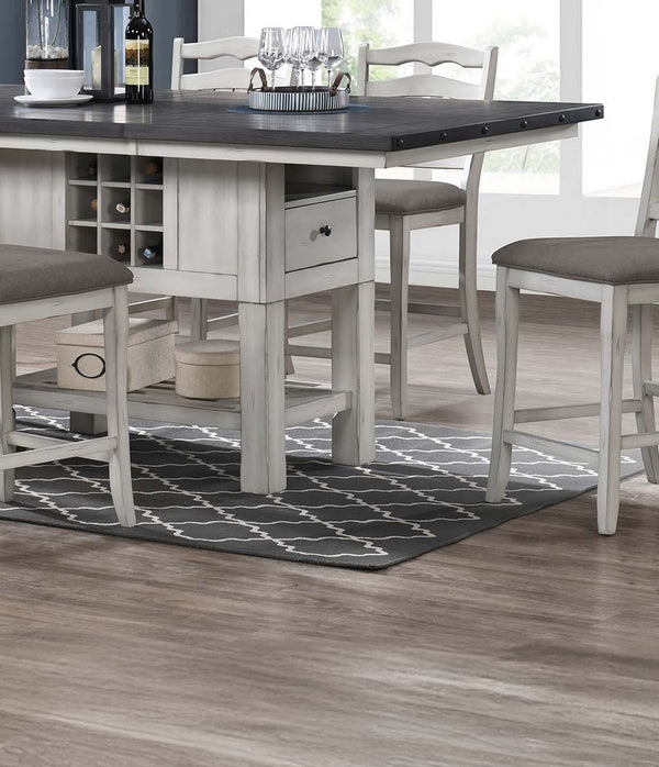 English Elm Antique Counter Height Dining Table 60" with 18" Leaf, Distressed White-Grey Finish, Built-In Wine Storage B011S01887