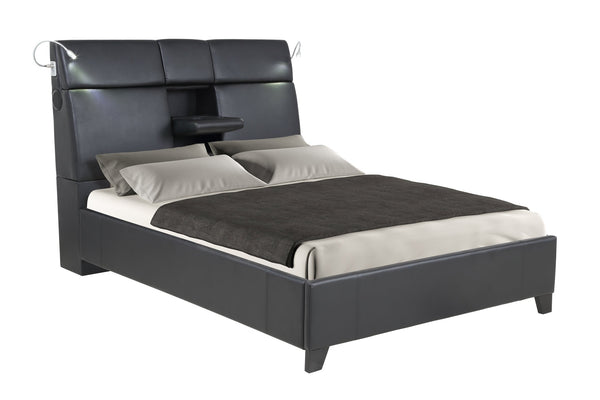 English Elm Queen Music Bed with Bluetooth Speakers, Touch Lighting & Removable Beverage Tray — Black Vinyl Modern Design B2699S00010