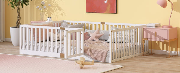 English Elm Twin Floor Bed Solid Rubber Wood with Tall Safety Railings for Toddler Sleep White W504P287658