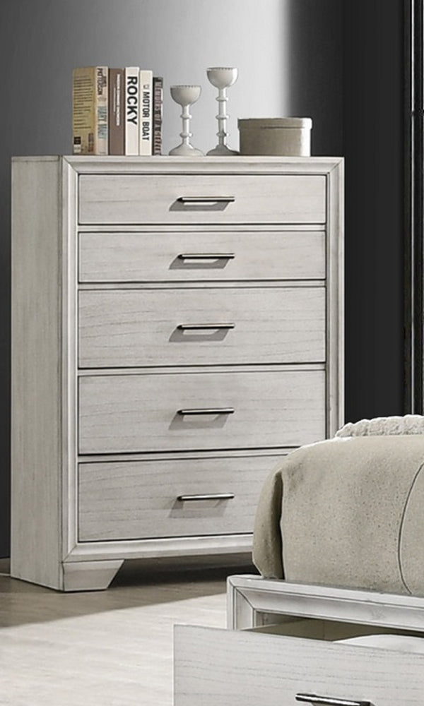 English Elm 1pc Five-Drawer Chest in White Mist Finish with Metal Knobs & Handles, Spacious Bedroom Storage Solution Antique White 39 L x 20.5 W x 54 H B011P228950