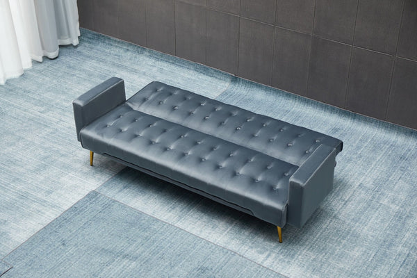 English Elm Sofa Bed Velvet Upholstered Convertible with Gold Metal Legs for Studio Spaces Dark Gray B205P246433