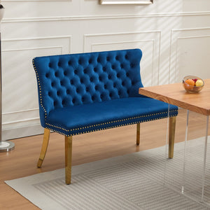 English Elm Velvet Wingback Dining Bench Tufted Two Seat Mid Century Modern Brushed Steel Base Blue W1143P406979