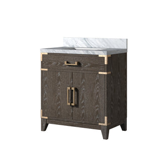 English Elm Brown Oak Single Bath Vanity With Premium Carrara Marble Top - Elegant Storage & Soft-Close Doors B2731P259749