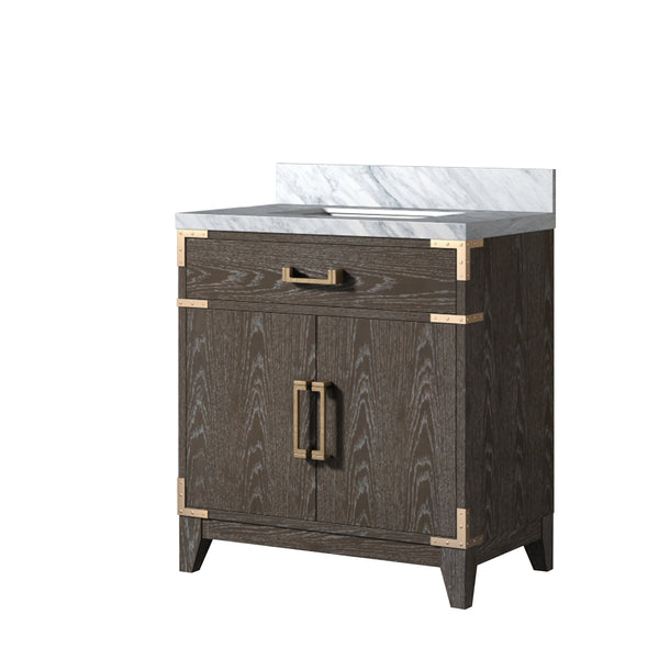 English Elm Brown Oak Single Bath Vanity With Premium Carrara Marble Top - Elegant Storage & Soft-Close Doors B2731P259749