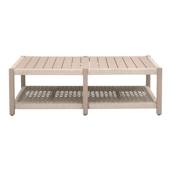 Essentials for Living Wrap Outdoor Teak Coffee Table with Rope Woven Shelf for Coastal Patio Lounge Spaces Rectangular 6870.OAT/W-ET