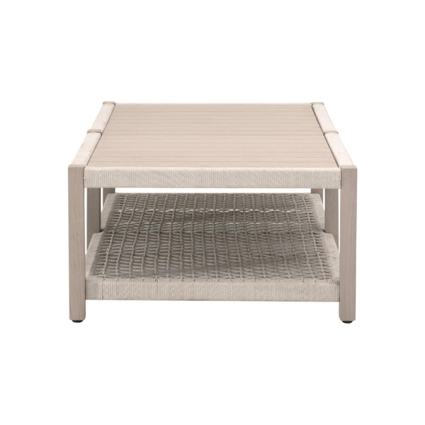 Essentials for Living Wrap Outdoor Teak Coffee Table with Rope Woven Shelf for Coastal Patio Lounge Spaces Rectangular 6870.OAT/W-ET