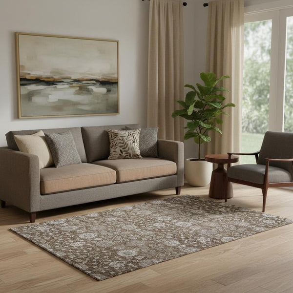 HomeRoots 5' X 8' Floral Area Rug in Chocolate, Beige & Gray - Washable, UV-Protected, Durable & Stylish Decor 687001