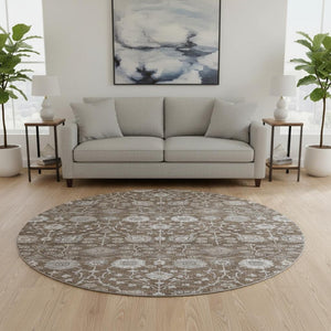 HomeRoots 8' Washable Round Rug in Chocolate, Beige & Gray Floral Design - UV Protected, Stain Resistant & Durable 687002