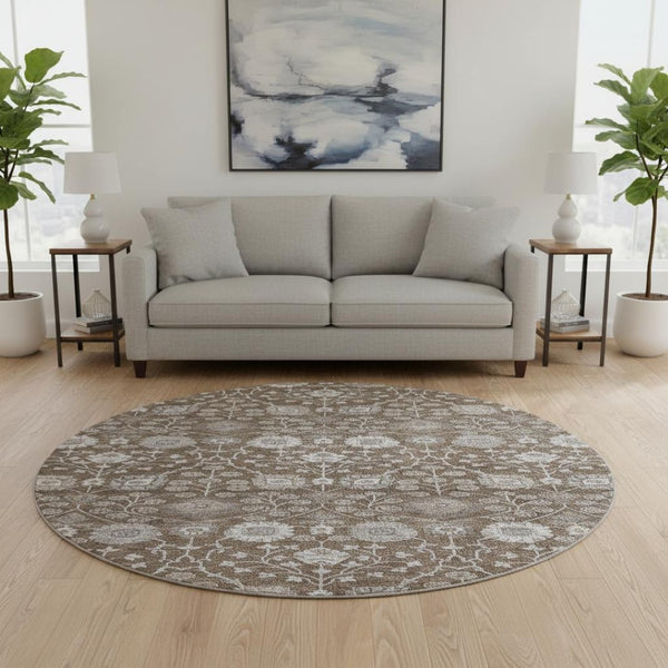 HomeRoots 8' Washable Round Rug in Chocolate, Beige & Gray Floral Design - UV Protected, Stain Resistant & Durable 687002