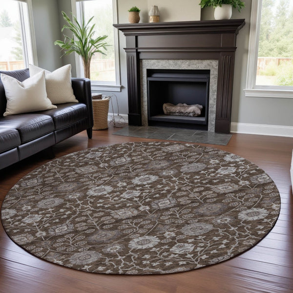 HomeRoots 8' Washable Round Rug in Chocolate, Beige & Gray Floral Design - UV Protected, Stain Resistant & Durable 687002
