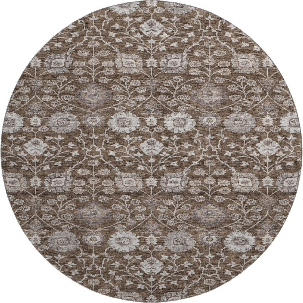 HomeRoots 8' Washable Round Rug in Chocolate, Beige & Gray Floral Design - UV Protected, Stain Resistant & Durable 687002