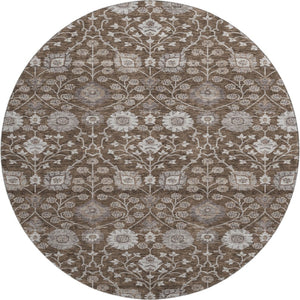 HomeRoots 8' Washable Round Rug in Chocolate, Beige & Gray Floral Design - UV Protected, Stain Resistant & Durable 687002