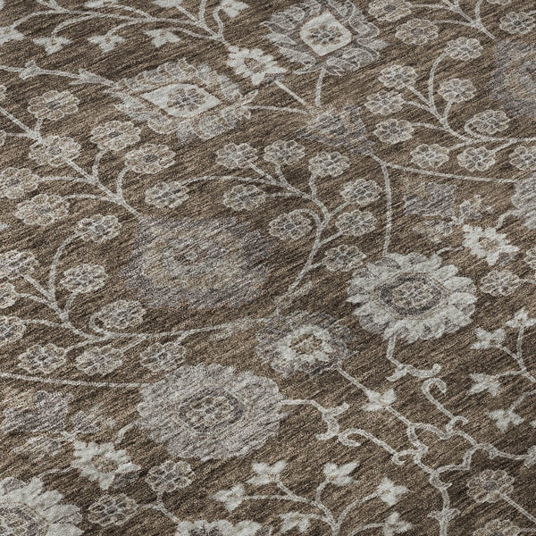 HomeRoots 8' Washable Round Rug in Chocolate, Beige & Gray Floral Design - UV Protected, Stain Resistant & Durable 687002