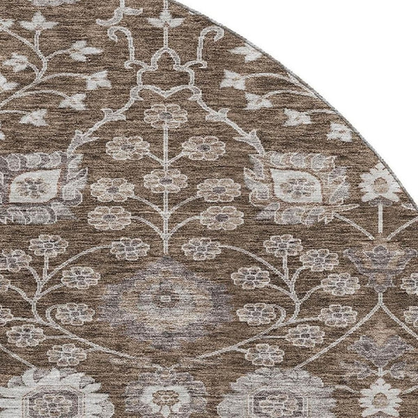 HomeRoots 8' Washable Round Rug in Chocolate, Beige & Gray Floral Design - UV Protected, Stain Resistant & Durable 687002
