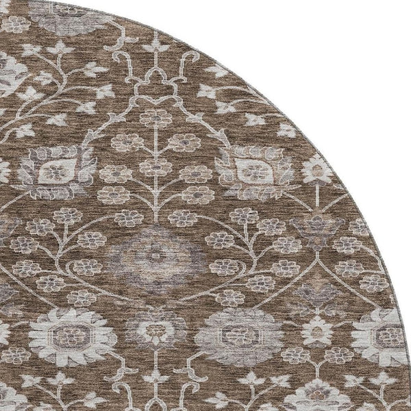 HomeRoots 8' Washable Round Rug in Chocolate, Beige & Gray Floral Design - UV Protected, Stain Resistant & Durable 687002