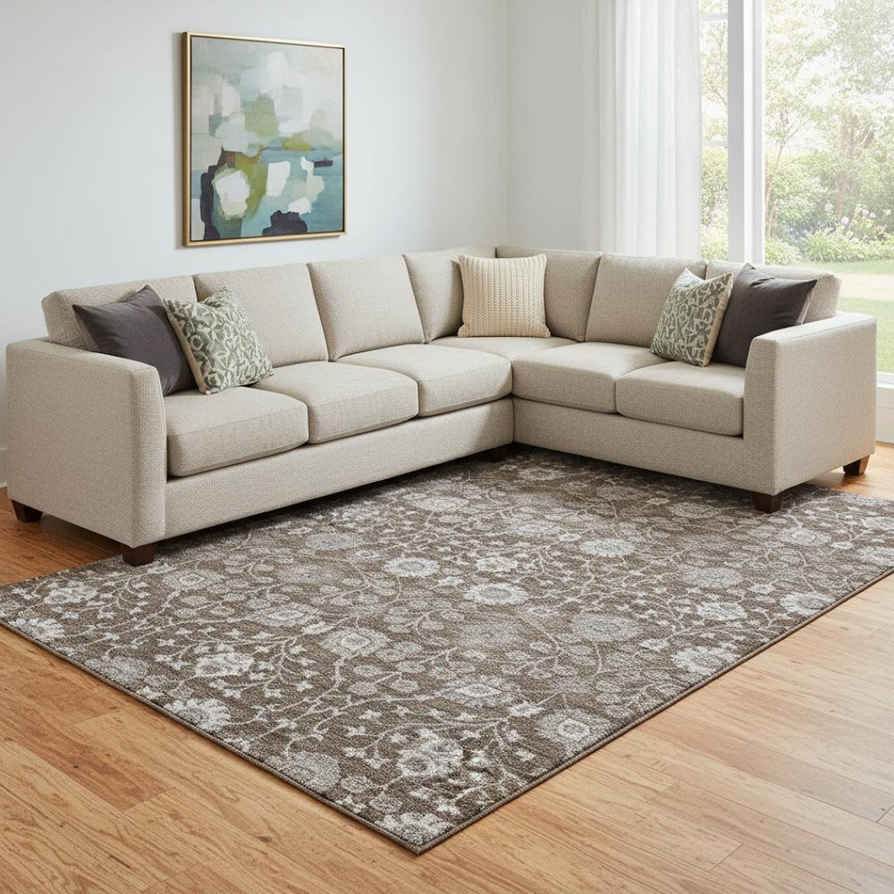 HomeRoots 8' X 10' Floral Area Rug in Chocolate Beige & Gray - Washable, UV-Protected & Stain-Resistant Design 687003