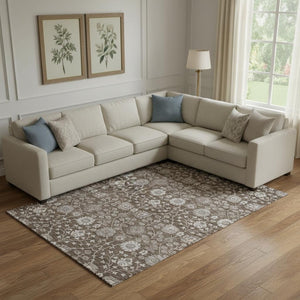 HomeRoots 9' X 12' Floral Area Rug in Chocolate Beige & Gray – Washable, Stain Resistant, UV Protected Design 687004