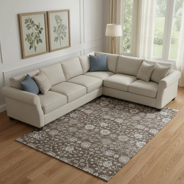 HomeRoots 10' X 14' Chocolate Beige and Gray Floral Area Rug - Washable, UV Protected, Durable & Elegant Design 687005