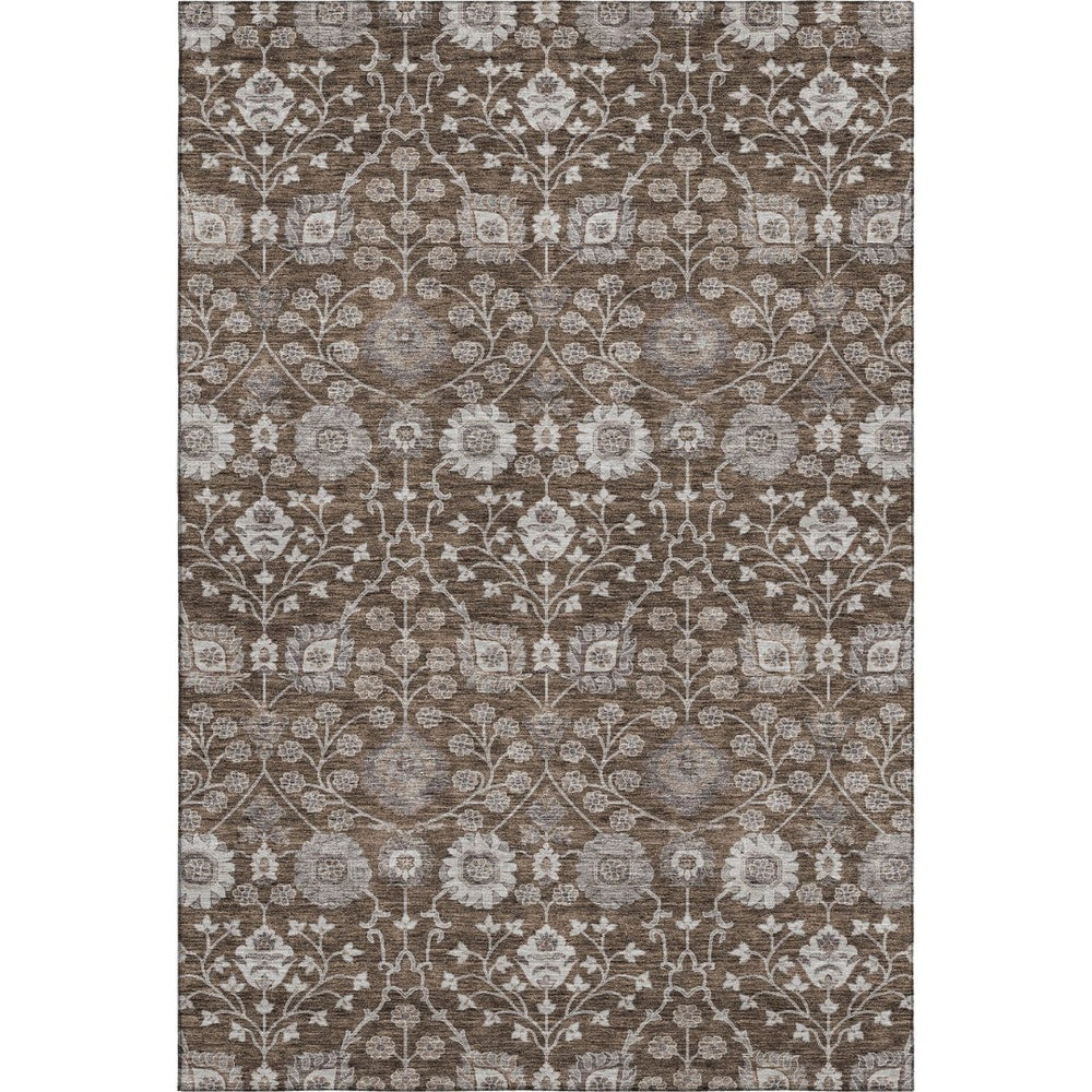 HomeRoots 10' X 14' Chocolate Beige and Gray Floral Area Rug - Washable, UV Protected, Durable & Elegant Design 687005