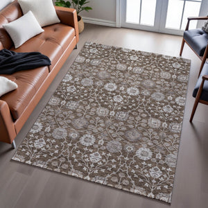 HomeRoots 10' X 14' Chocolate Beige and Gray Floral Area Rug - Washable, UV Protected, Durable & Elegant Design 687005