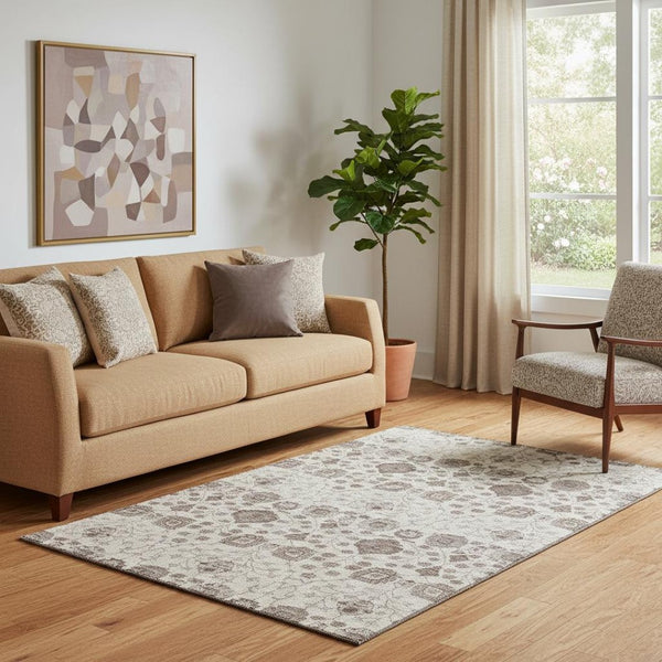 HomeRoots 5' X 8' Elegant Floral Area Rug in Ivory, Brown, and Gray - Washable, UV Protected & Durable Design 687007