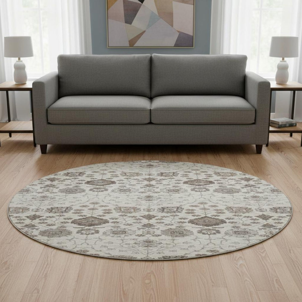 HomeRoots 8' Elegant Floral Round Rug in Ivory, Brown & Gray - Washable, UV-Protected & Durable Design 687008