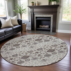 HomeRoots 8' Elegant Floral Round Rug in Ivory, Brown & Gray - Washable, UV-Protected & Durable Design 687008