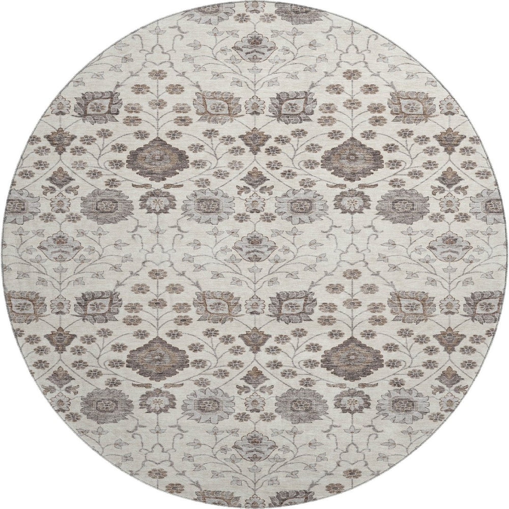 HomeRoots 8' Elegant Floral Round Rug in Ivory, Brown & Gray - Washable, UV-Protected & Durable Design 687008