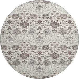 HomeRoots 8' Elegant Floral Round Rug in Ivory, Brown & Gray - Washable, UV-Protected & Durable Design 687008