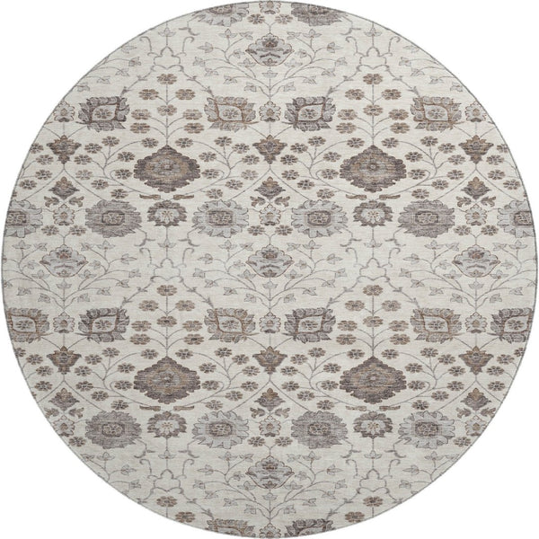 HomeRoots 8' Elegant Floral Round Rug in Ivory, Brown & Gray - Washable, UV-Protected & Durable Design 687008