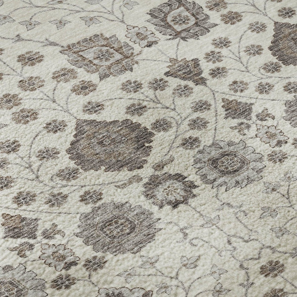 HomeRoots 8' Elegant Floral Round Rug in Ivory, Brown & Gray - Washable, UV-Protected & Durable Design 687008