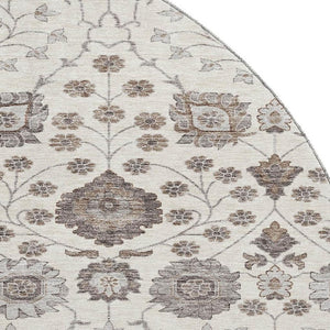 HomeRoots 8' Elegant Floral Round Rug in Ivory, Brown & Gray - Washable, UV-Protected & Durable Design 687008