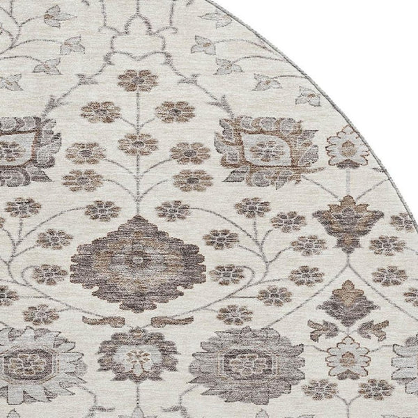 HomeRoots 8' Elegant Floral Round Rug in Ivory, Brown & Gray - Washable, UV-Protected & Durable Design 687008