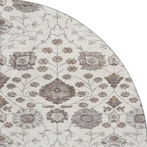 HomeRoots 8' Elegant Floral Round Rug in Ivory, Brown & Gray - Washable, UV-Protected & Durable Design 687008