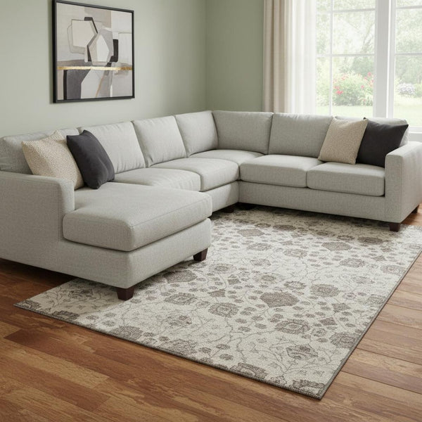 HomeRoots 8' X 10' Elegant Ivory Brown & Gray Floral Washable Area Rug with UV Protection for Durable Style 687009