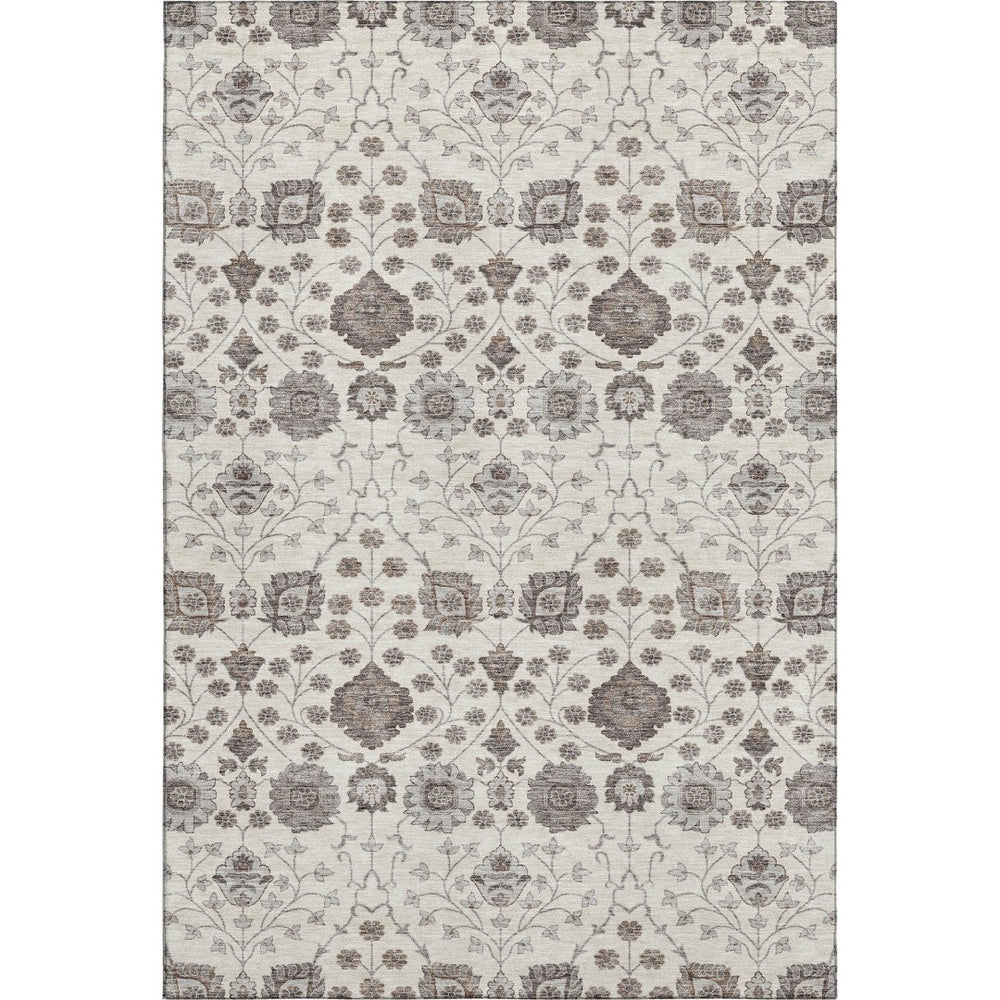 HomeRoots 8' X 10' Elegant Ivory Brown & Gray Floral Washable Area Rug with UV Protection for Durable Style 687009
