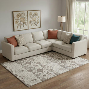 HomeRoots 9' X 12' Elegant Ivory Brown & Gray Floral Area Rug - Washable, UV-Protected, Kid & Pet Friendly! 687010