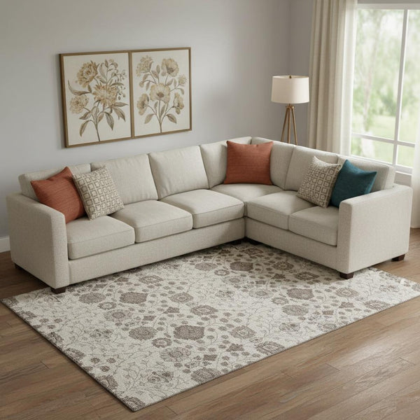 HomeRoots 9' X 12' Elegant Ivory Brown & Gray Floral Area Rug - Washable, UV-Protected, Kid & Pet Friendly! 687010