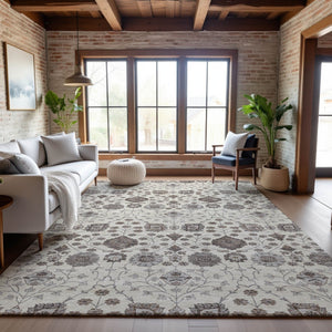 HomeRoots 9' X 12' Elegant Ivory Brown & Gray Floral Area Rug - Washable, UV-Protected, Kid & Pet Friendly! 687010