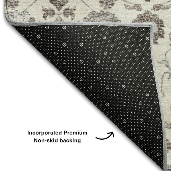 HomeRoots 9' X 12' Elegant Ivory Brown & Gray Floral Area Rug - Washable, UV-Protected, Kid & Pet Friendly! 687010