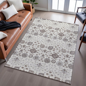 HomeRoots 9' X 12' Elegant Ivory Brown & Gray Floral Area Rug - Washable, UV-Protected, Kid & Pet Friendly! 687010