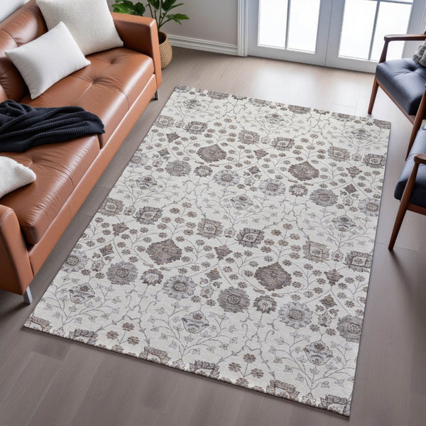 HomeRoots 9' X 12' Elegant Ivory Brown & Gray Floral Area Rug - Washable, UV-Protected, Kid & Pet Friendly! 687010
