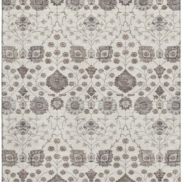 HomeRoots 9' X 12' Elegant Ivory Brown & Gray Floral Area Rug - Washable, UV-Protected, Kid & Pet Friendly! 687010