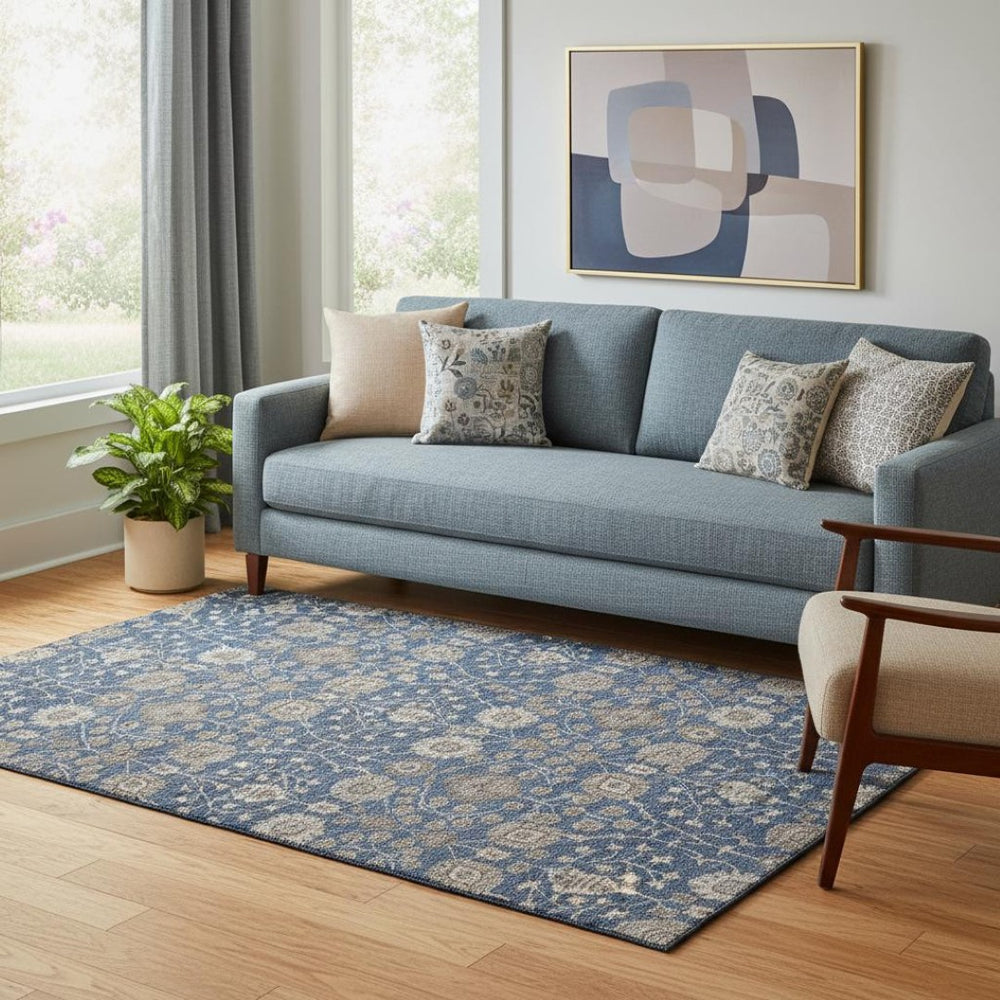 HomeRoots 5' X 8' Navy Blue Floral Area Rug - Stain-Resistant, UV Protected, Stylish & Durable for Family Homes 687013