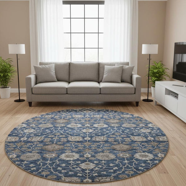 HomeRoots 8' Navy Blue Floral Round Rug - Washable, UV Protected, Durable for Living Rooms, Nurseries & Patios 687014