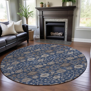 HomeRoots 8' Navy Blue Floral Round Rug - Washable, UV Protected, Durable for Living Rooms, Nurseries & Patios 687014