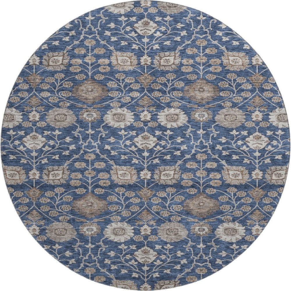 HomeRoots 8' Navy Blue Floral Round Rug - Washable, UV Protected, Durable for Living Rooms, Nurseries & Patios 687014