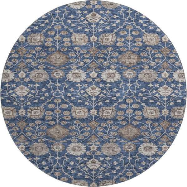 HomeRoots 8' Navy Blue Floral Round Rug - Washable, UV Protected, Durable for Living Rooms, Nurseries & Patios 687014