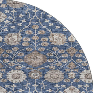HomeRoots 8' Navy Blue Floral Round Rug - Washable, UV Protected, Durable for Living Rooms, Nurseries & Patios 687014